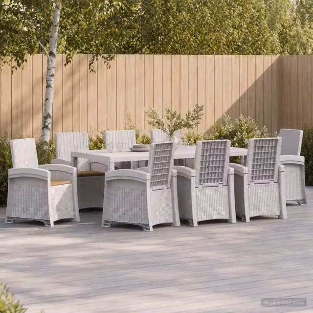 Set da pranzo da giardino moderno vidaXL in polyrattan bianco e beige, 9 pezzi