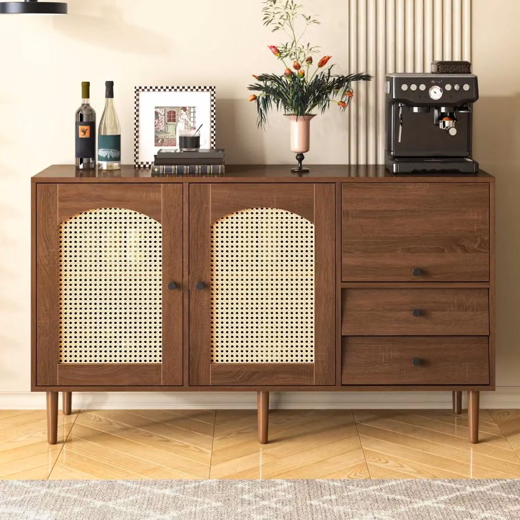 Credenza MIVRAY in stile rustico con ante in rattan e ripiani regolabili, color legno marrone, L/P/H: 130 x 40 x 75.5 cm – 2