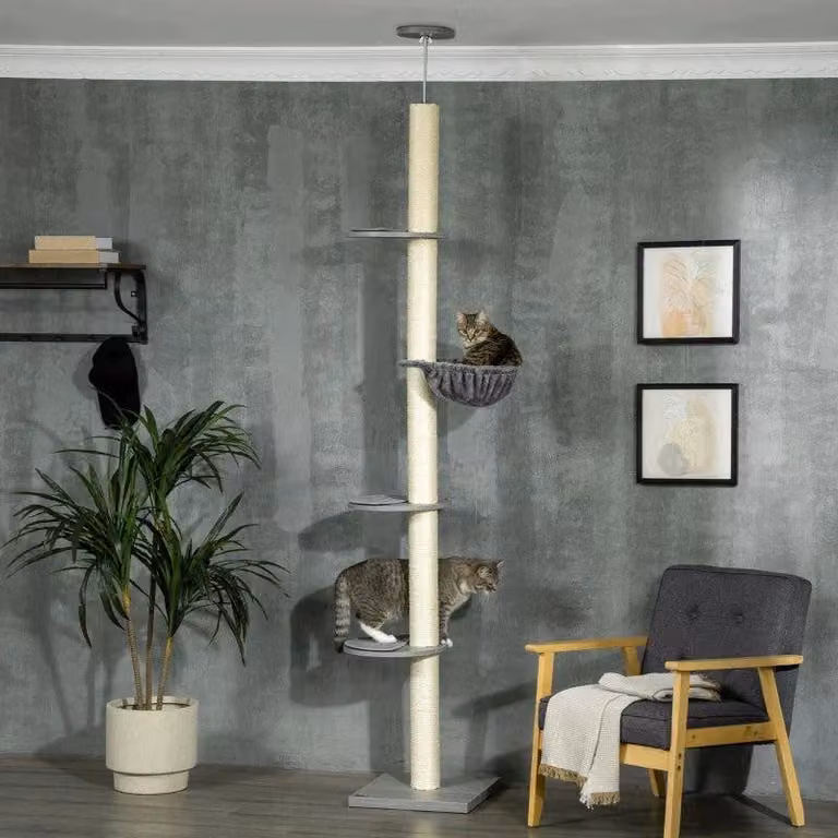 Albero per gatti con tiragraffi, altezza 230-250 cm | Colore: Grigio + Crema | Dimensioni: 40x40x230-250 cm