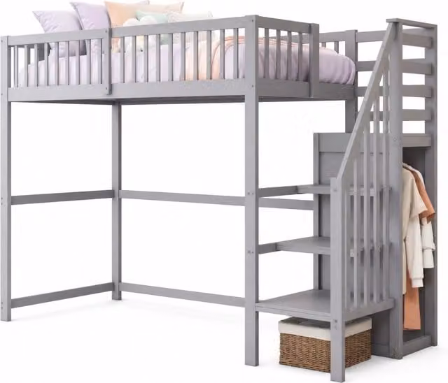 Letto a soppalco per bambini 90x200 cm con scala e armadio; legno di pino grigio