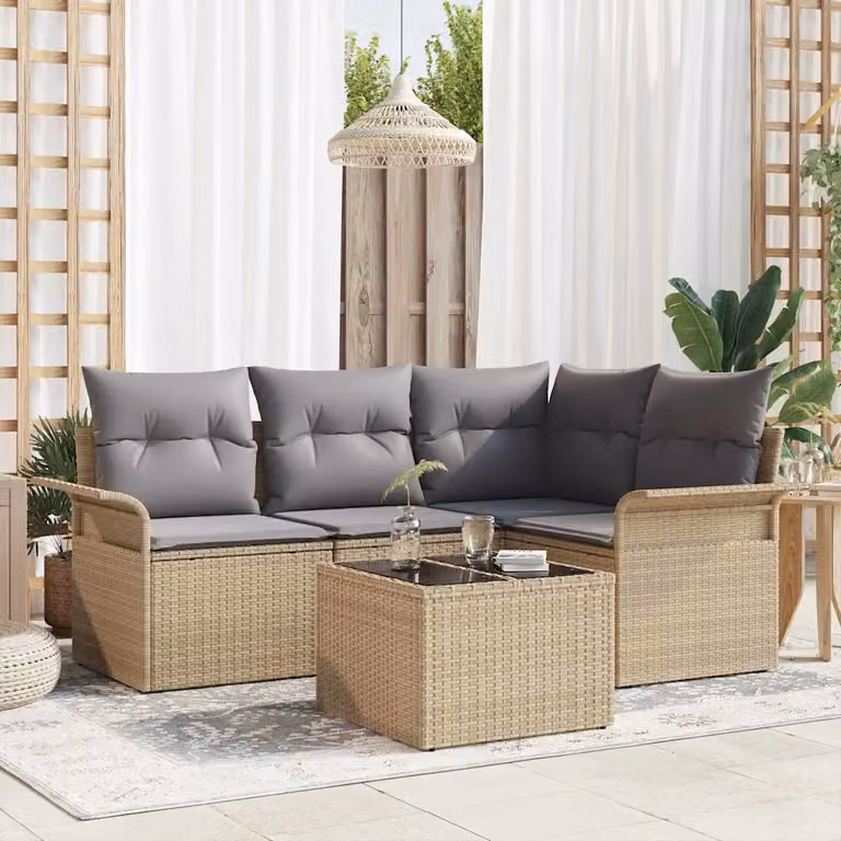 Set Divano da Giardino vidaXL 5 Pezzi Beige con Cuscini e Funzione Archiviazione in Polyrattan e Acciaio