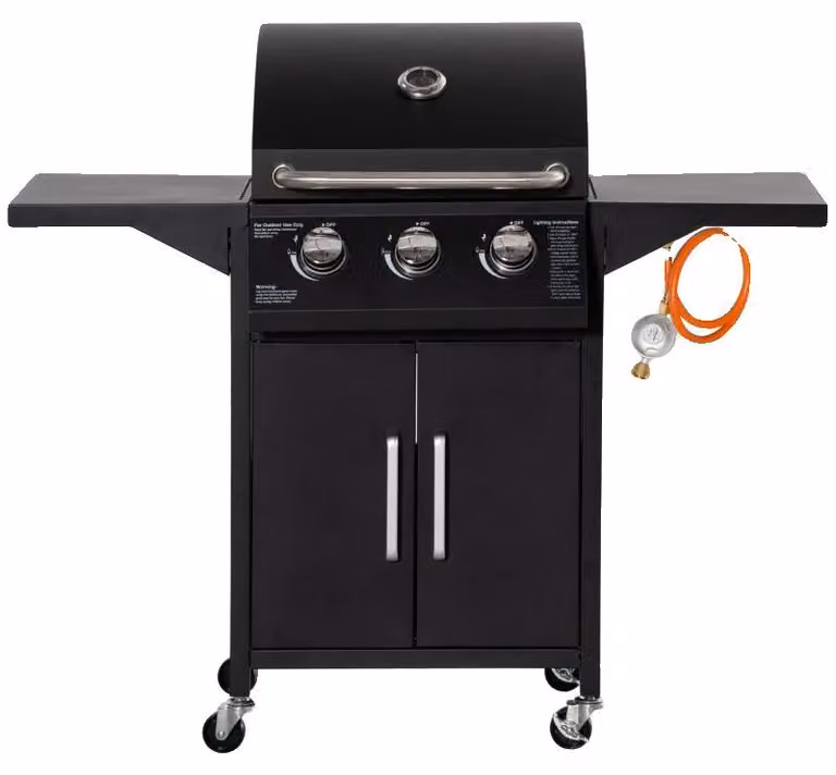 Barbecue a gas, 3 bruciatori, potenza 3 kW, lunghezza 121 cm, larghezza 55 cm, carrello mobile