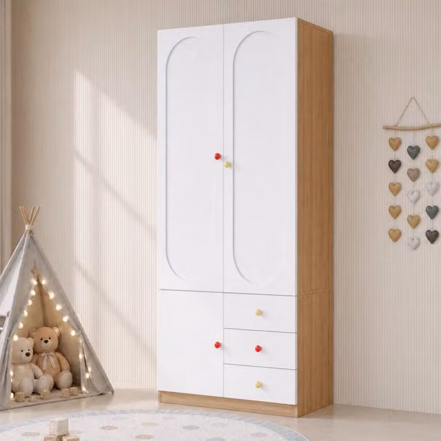 Armadio bambini 2 ante con vano appendiabiti; cassetti; per la casa moderna; design moderno; maniglie in ceramica colorate; laccato bianco