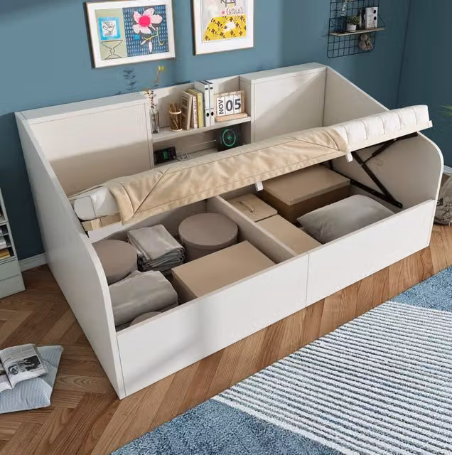 Letto da giorno bianco 90x200 cm con vano idraulico, mensole e ricarica USB-C