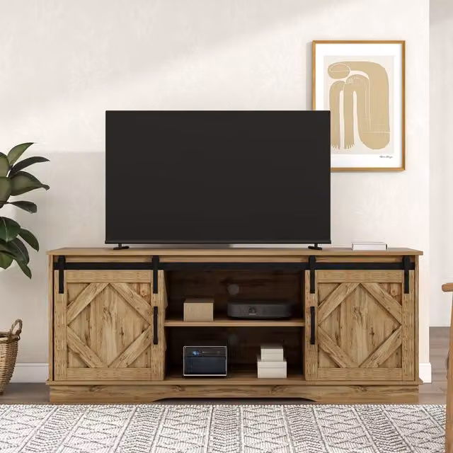 Mobile TV in stile rustico Aosom in legno marrone con ante scorrevoli e ripiani, L: 150 cm, P: 40 cm, H: 60 cm
