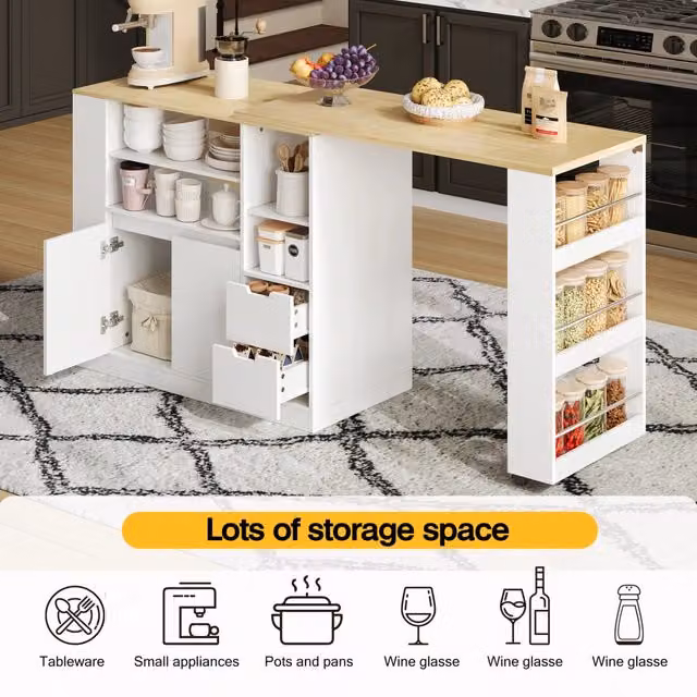 Isola da Cucina Allungabile ¨C Minimal ¨C Legno 115cm con 2 Cassetti e Mensole