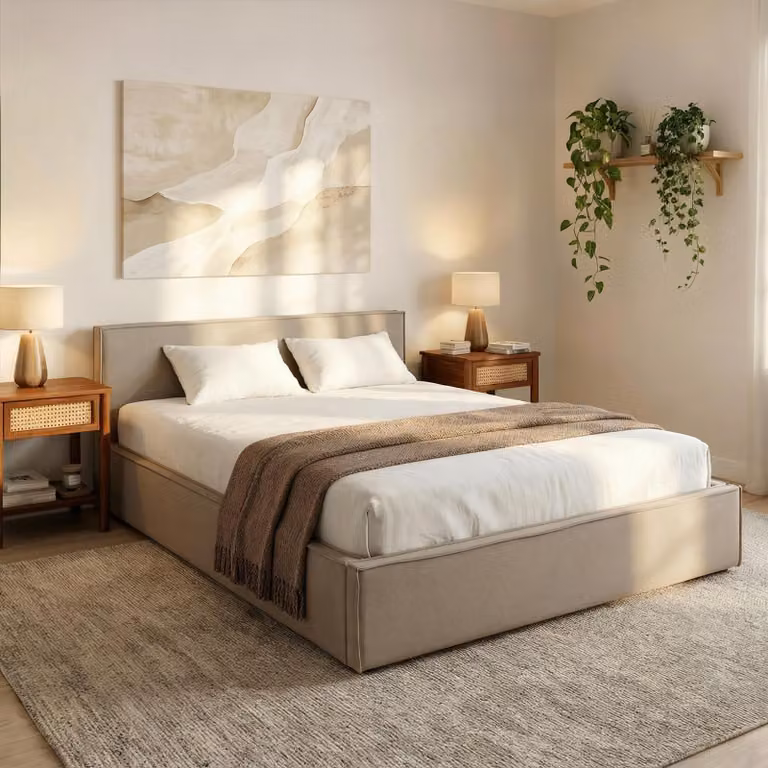 Letto imbottito PESARO 160x200 cm, greige – letto matrimoniale moderno con rete a doghe, rivestimento in tessuto 100% poliestere effetto lino, con testiera per camera da letto