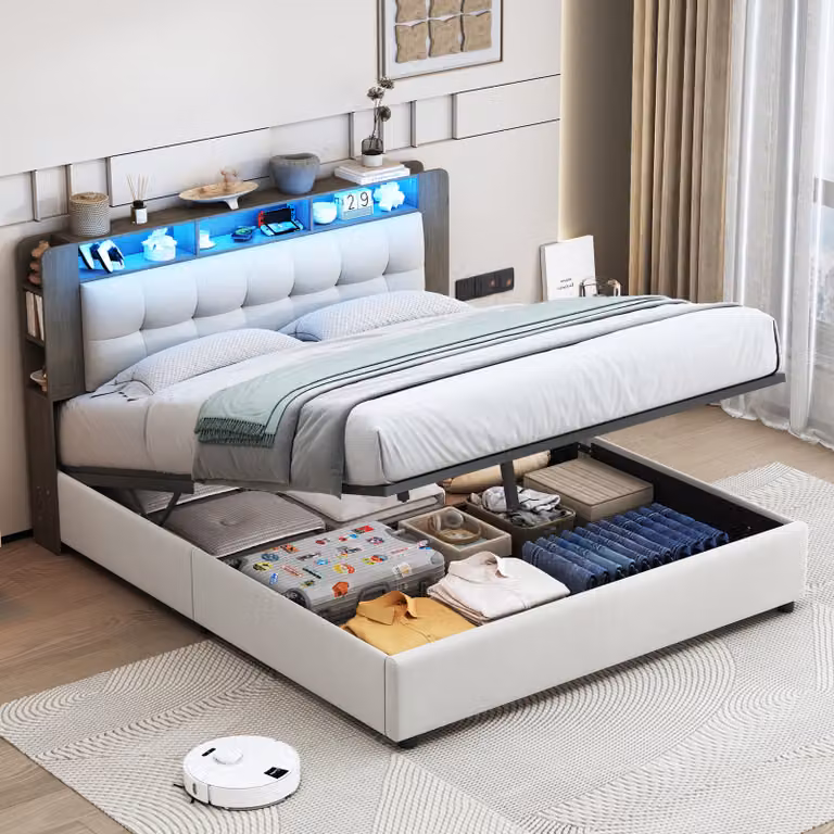 Letto imbottito 160x200cm, letto matrimoniale con contenitore e rete a doghe, testata a LED con funzione di caricamento, letto contenitore Letto funzionale Struttura letto con schienale, letto a molle idrauliche, PU, bianco