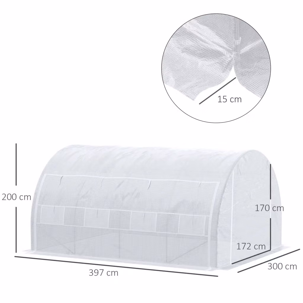 Serra a tunnel WISHDOR bianca con struttura in acciaio zincato e copertura in PE con protezione UV, L: 3,97 m, P: 3 m, H: 2 m – 2