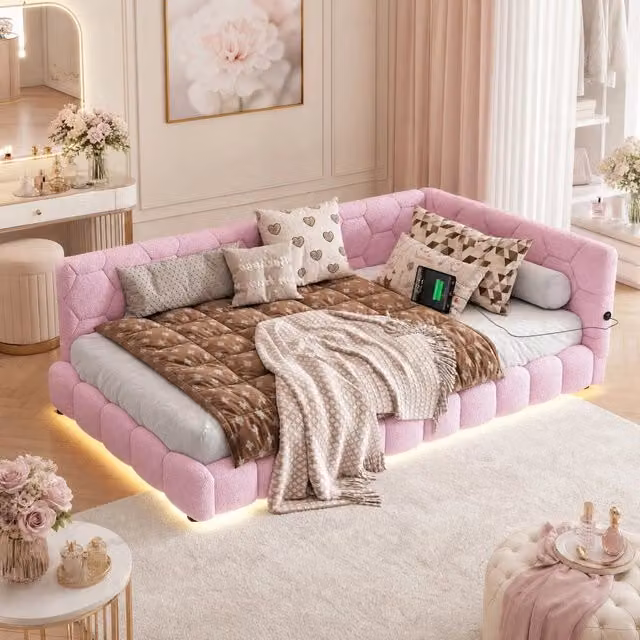 Letto da giorno ULEVR 90x200 cm rosa con LED RGB a 16 colori, USB e USB-C, struttura in MDF e velluto