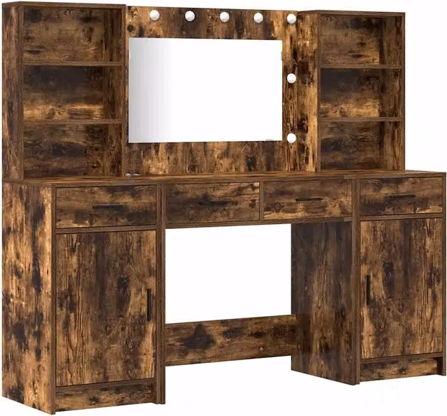 Set da Toeletta | Tavolo da Trucco con LED con cassetto 3 pz Rovere fum¨¦