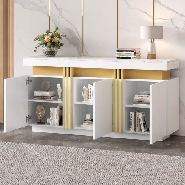Credenza 140x38x70 cm con 3 ante e ripiani regolabili in truciolato bianco