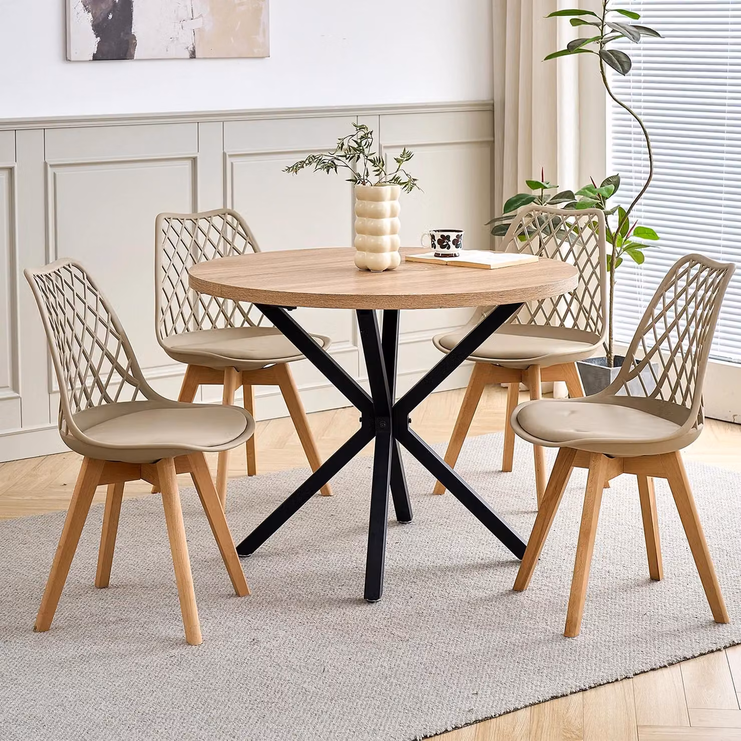 Essgruppe - Tavolo rotondo da pranzo con 4 sedie - 100 cm - Sedute imbottite - Legno di faggio - Beige - Stile moderno