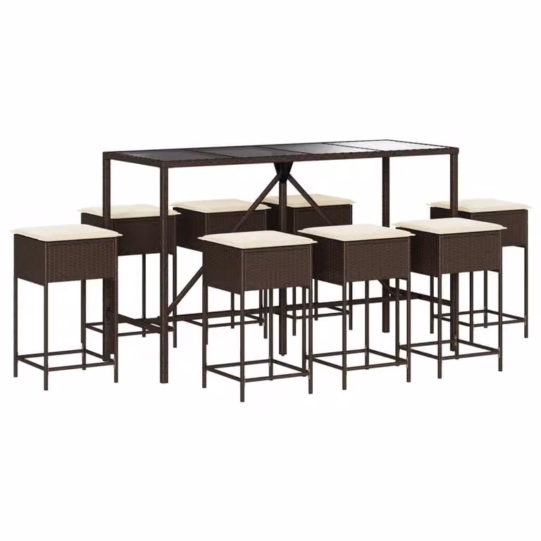Set Bar da Giardino 9 pz con Cuscini in Polyrattan Marrone
