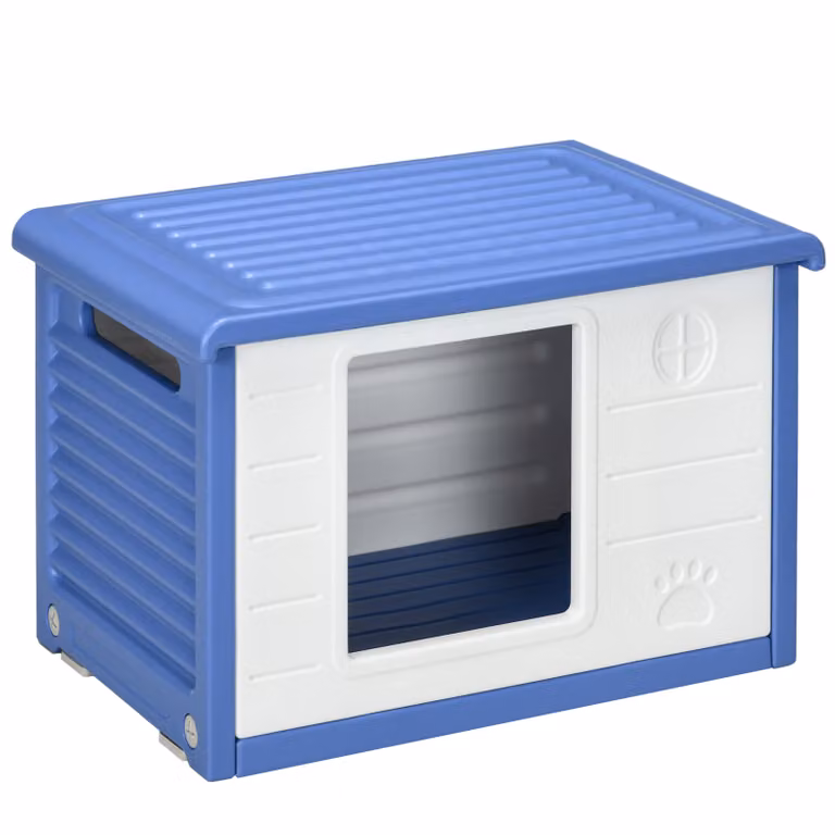 PawHut cuccia per cani da esterno in plastica per cuccioli, casetta per cani con fessure di ventilazione, idrorepellente, dimensioni 60 L x 42 L x 40 H cm, blu e bianco