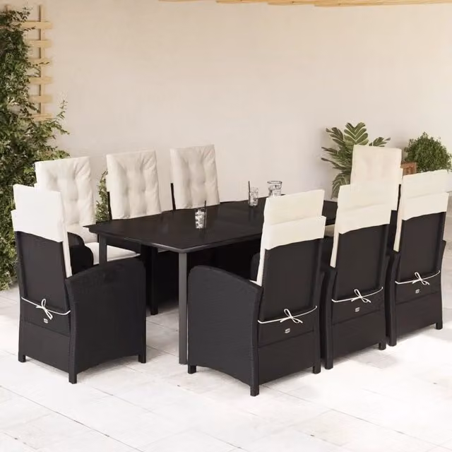 Set da pranzo da giardino vidaXL in polyrattan nero con cuscini bianchi e tavolo in vetro per 9 persone – 1