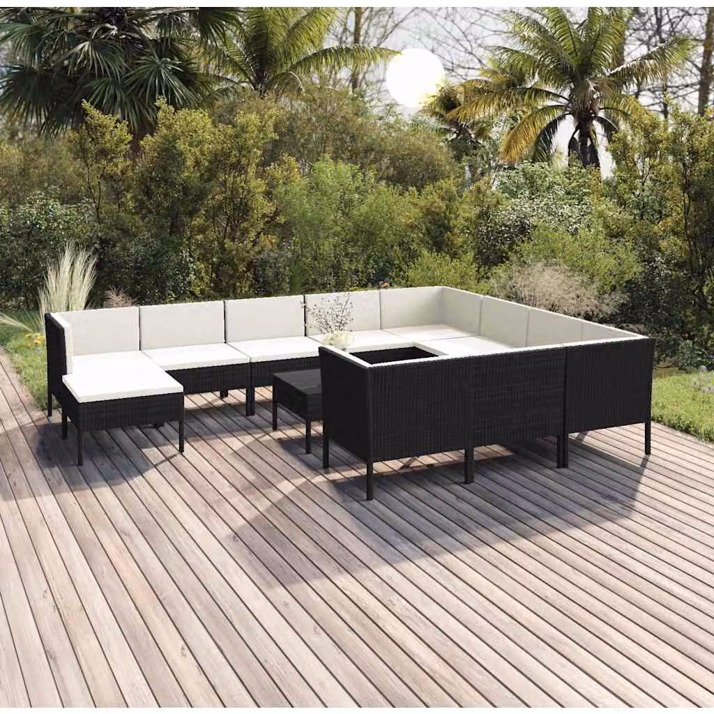 Set Divani da Giardino vidaXL 12 Pezzi a Forma di L con Tavolino e Ottoman, Colore Nero e Bianco, Struttura in Metallo e Polyrattan con Cuscini Rimovibili