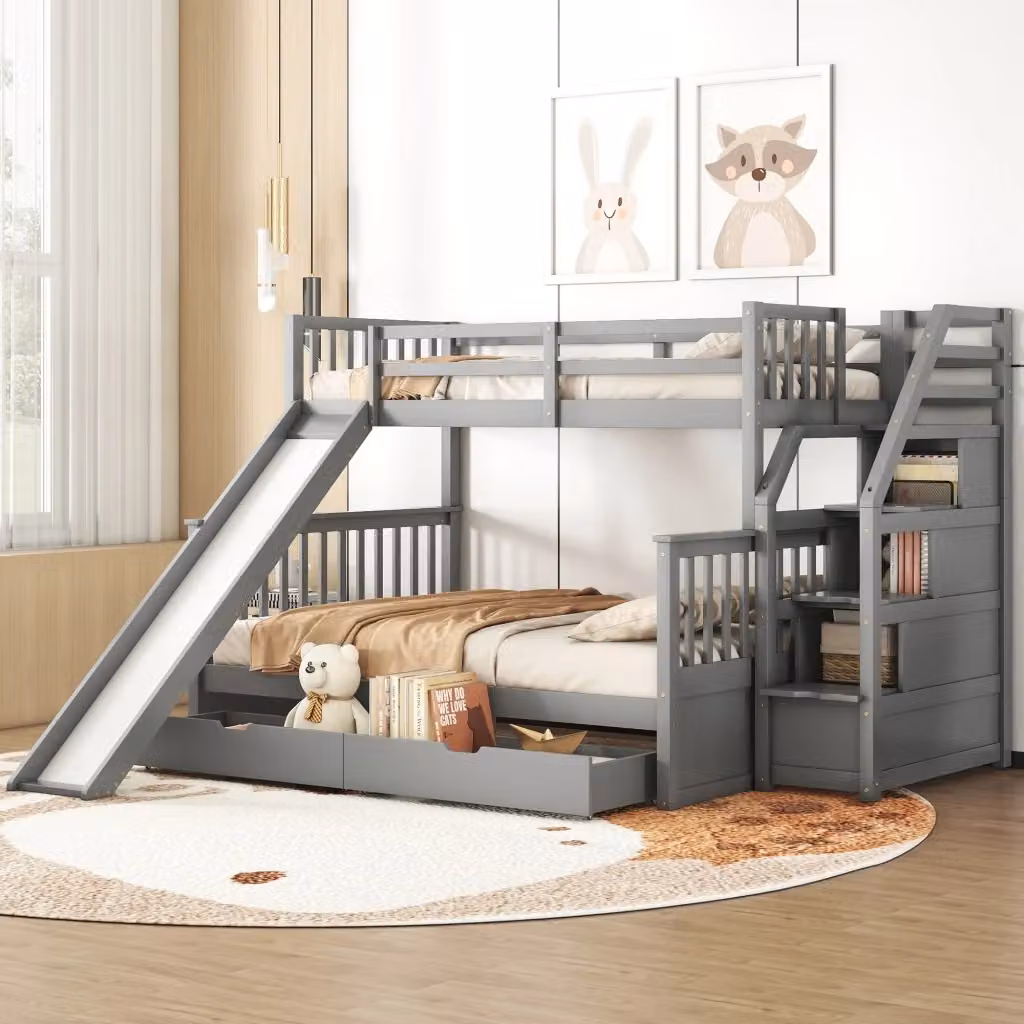 Letto a castello per bambini in legno e MDF con scivolo, scala, cassetti e struttura a casetta, colore grigio, L/P/H: 200 x 90 x 238,5 cm – 2