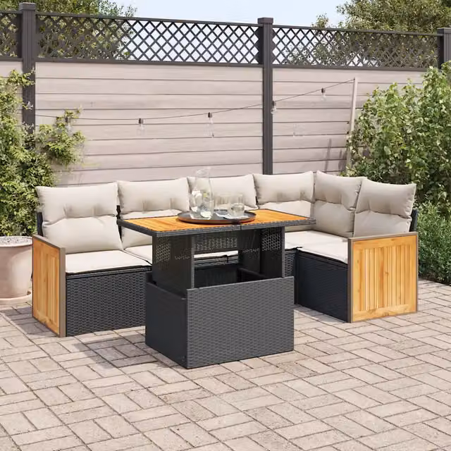 Set Divano da Giardino a L vidaXL in Polyrattan e Legno di Acacia con Cuscini, Nero e Bianco, 6 Pezzi