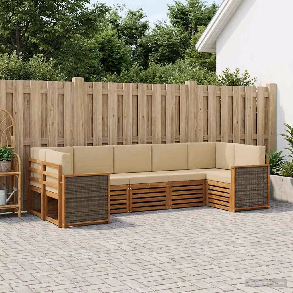 Set di divani da esterno vidaXL in legno di acacia con cuscini, composizione a L moderna, colore beige e marrone