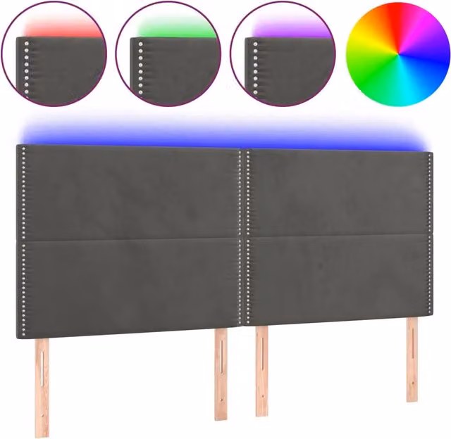 Testiera con illuminazione LED e porta di ricarica USB in velluto grigio, L 180 cm x P 5 cm x H 118/128 cm