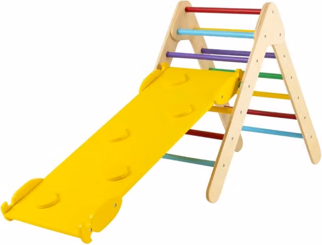 Set arrampicata triangolare in legno multicolore con rampa regolabile per arrampicata e scivolamento L: 86,5 cm, P: 48 cm, H: 73,5 cm