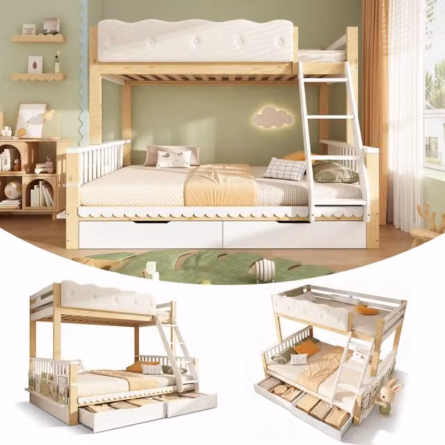 Letto a castello in legno bianco e rovere con letto inferiore matrimoniale, cassetti e portariviste