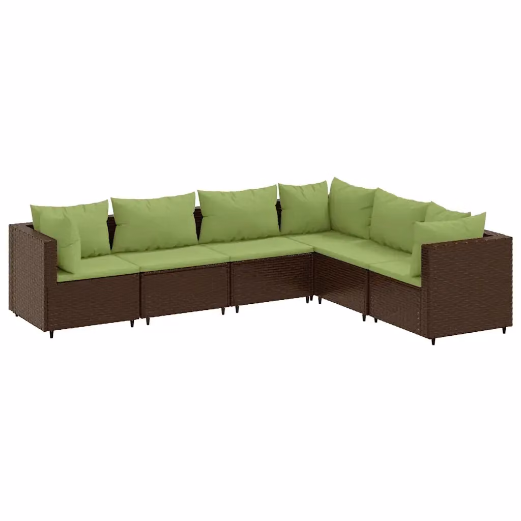 vidaXL Set di Mobili da Giardino a L con Cuscini in Polyrattan e Acciaio, 6 Posti, Marrone e Verde – 2