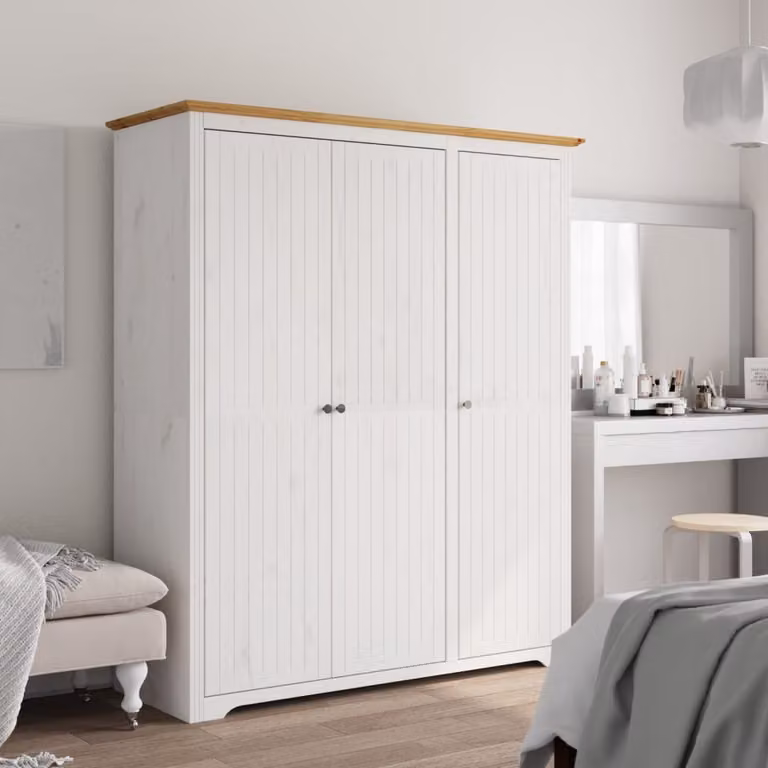 Armadio BODO vidaXL in legno di pino massello bianco e marrone, L: 146 cm, P: 53,5 cm, H: 173 cm