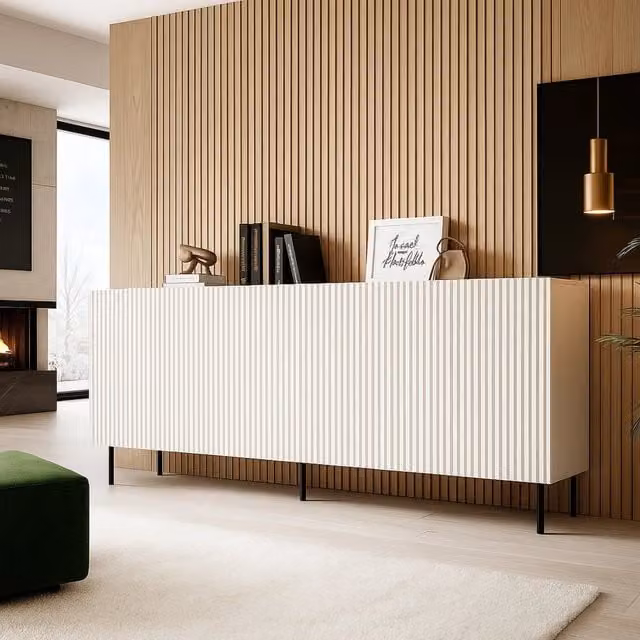 Credenza Corana DMORA, Madia da salotto moderna con quattro ante battenti, Bianco opaco, L: 200 cm, P: 42 cm, H: 82 cm – 1