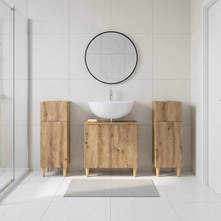 Set di mobili da bagno vidaXL DELFT in 3 pezzi in legno rovere marrone con mobile lavabo e armadietti laterali
