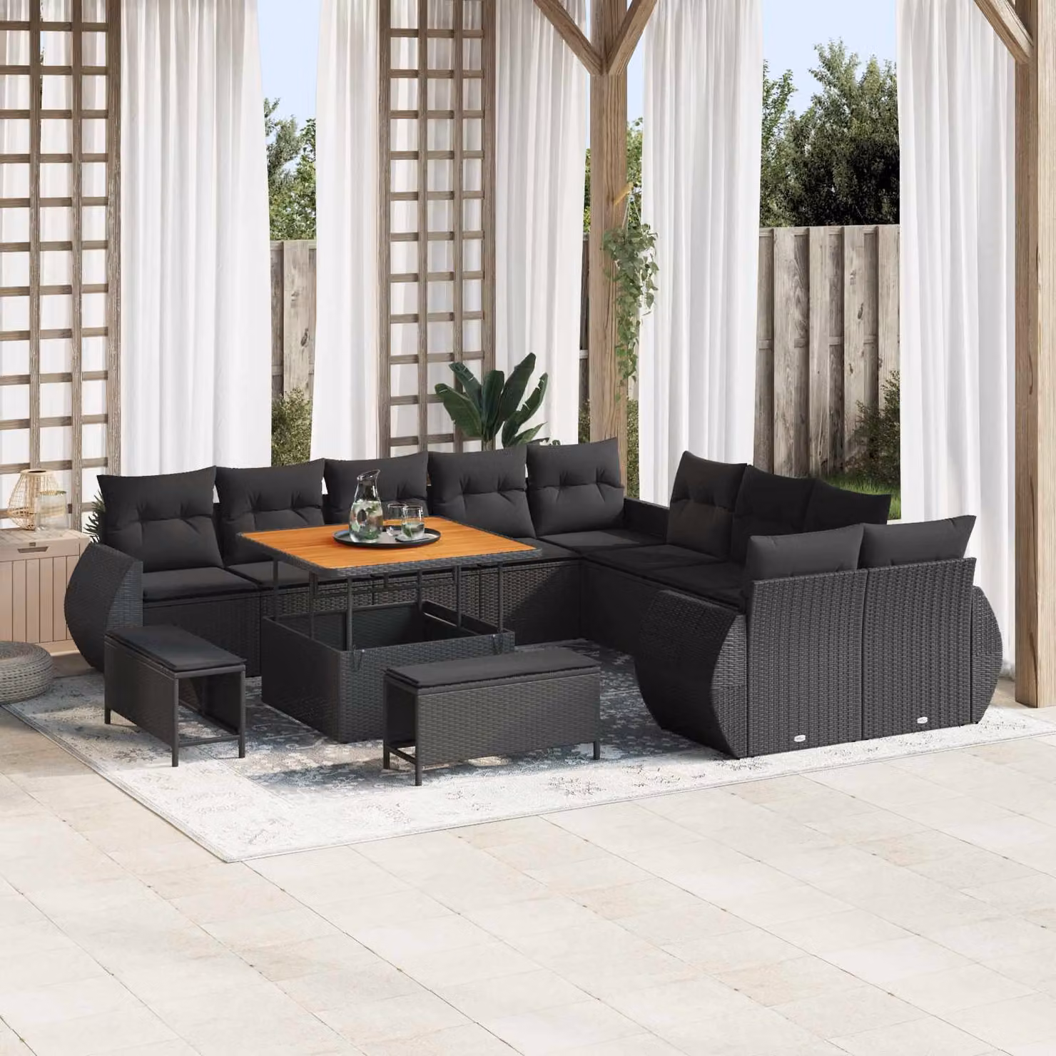 Set Divano da Giardino vidaXL a Forma a U con 13 Pezzi, Nero – 1