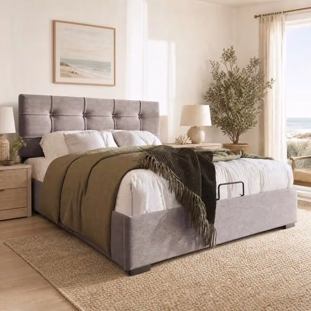 Letto imbottito REDOM in velluto grigio chiaro con contenitore L/P/H: 90 x 200 x 117,5 cm