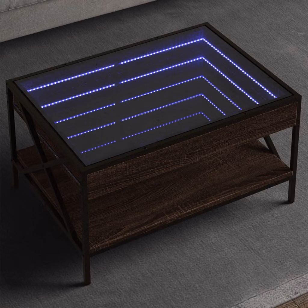 Tavolino da salotto vidaXL Infinity in rovere marrone con piano in vetro e illuminazione LED L: 70 cm, P: 50 cm, H: 38 cm