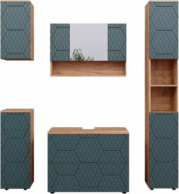 Set mobili bagno Irma Verde/Rovere dorato 5 pezzi Vicco