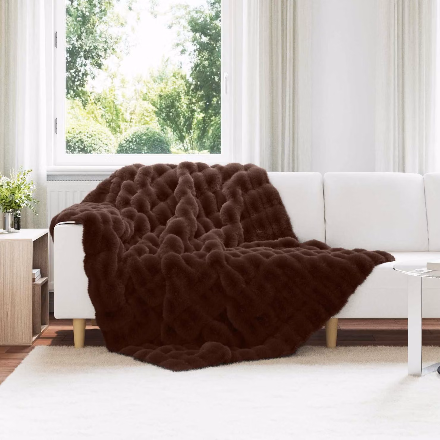 Coperta antiscivolo vidaXL in ecopelliccia di coniglio color cammello, L: 220 cm x P: 150 cm