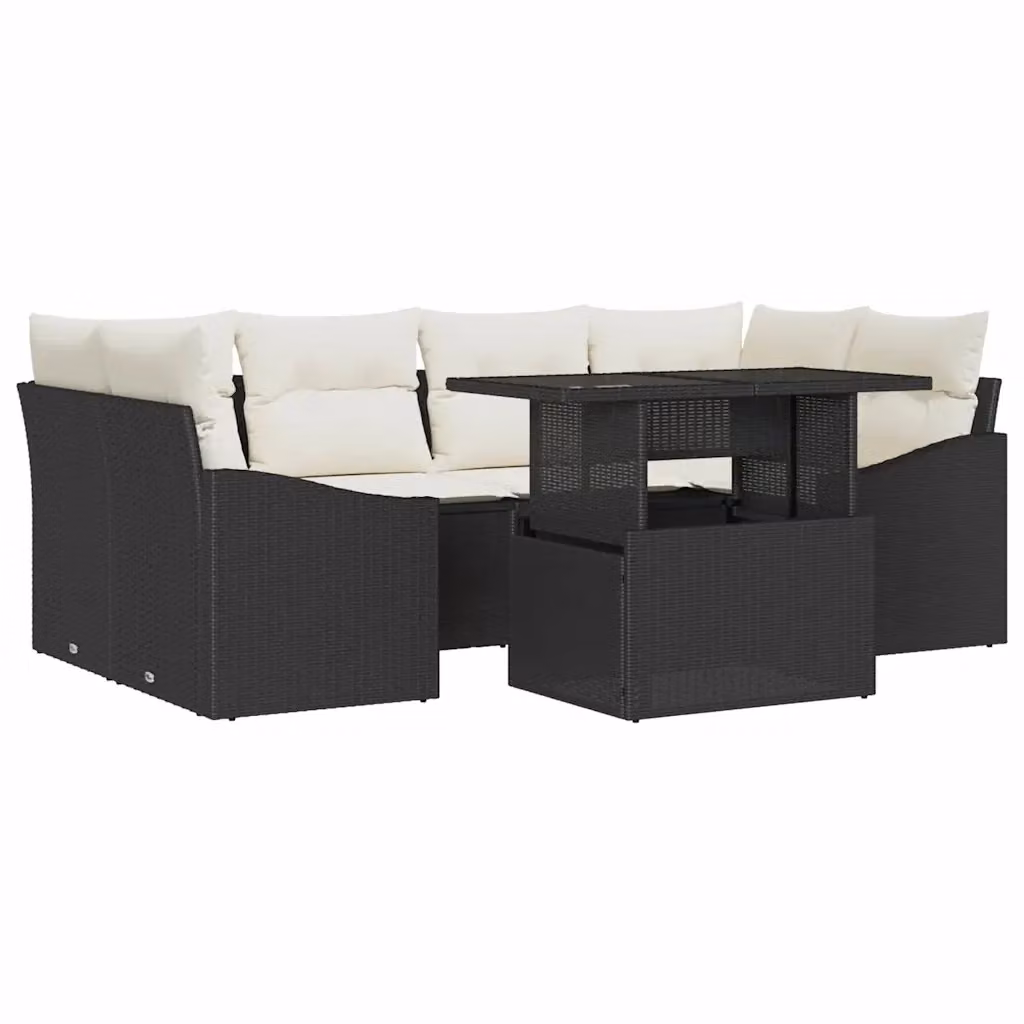 Set Divano da Giardino vidaXL 7 Pezzi in Polyrattan Nero con Cuscini e Tavolino da Caffè con Funzione di Archiviazione – 2