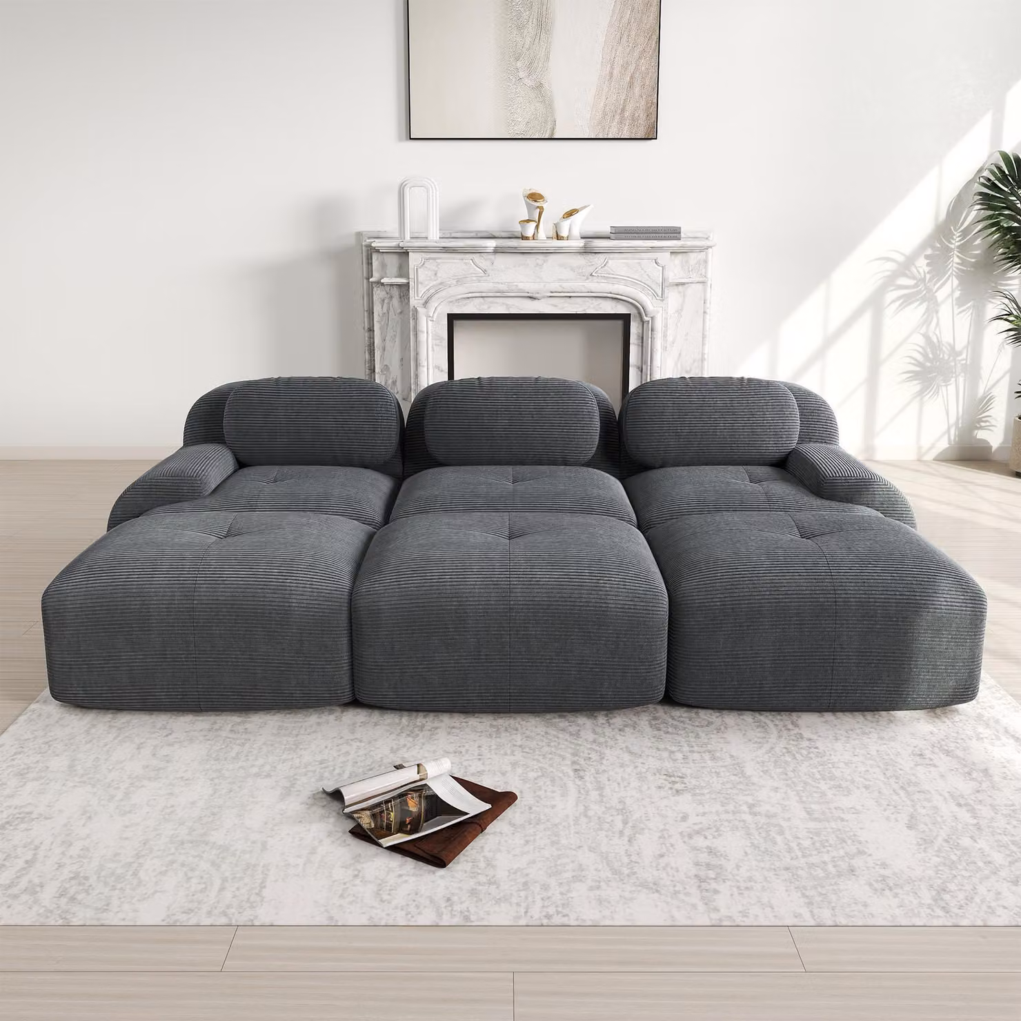 Sweiko Divano modulare a 3 posti con 3 sgabelli in tessuto a coste, consegna senza montaggio, adatto agli animali domestici, braccioli ultra larghi, rivestimento ad alta resilienza 32D per soggiorno e home cinema, Grigio