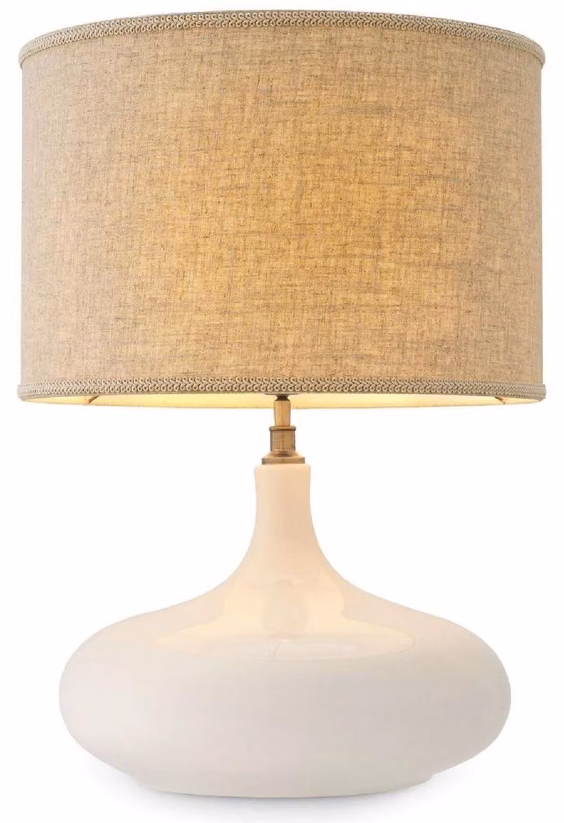 Casa Padrino lampada da tavolo in Vetroceramica bianca / color ottone antico / beige Ø 46 x H. 64,5 cm - Lampada da tavolo moderna con paralume - Collezione Luxury