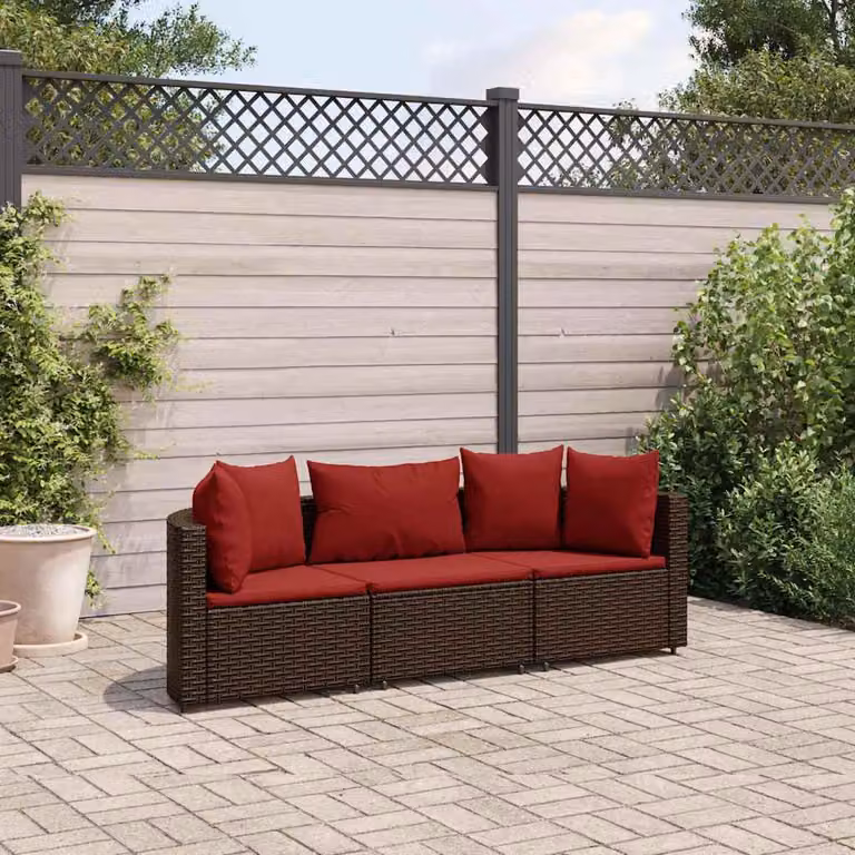 Set Divano da Giardino 3 posti vidaXL con Cuscini Marrone e Rosso in Polyrattan e Metallo