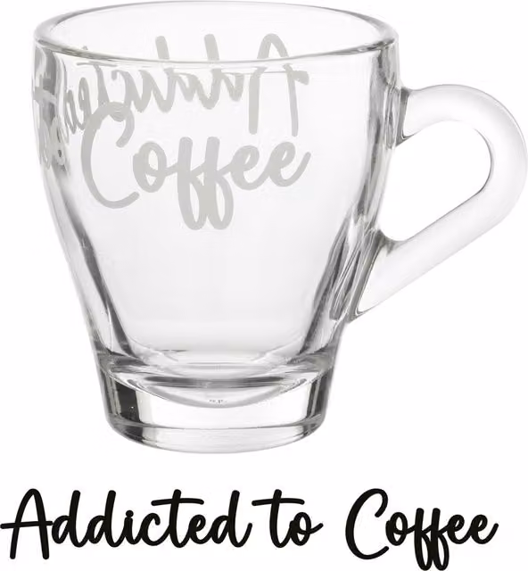 Tazzina da caffè in vetro trasparente KASANOVA con scritta Coffee addicted, 125 ml