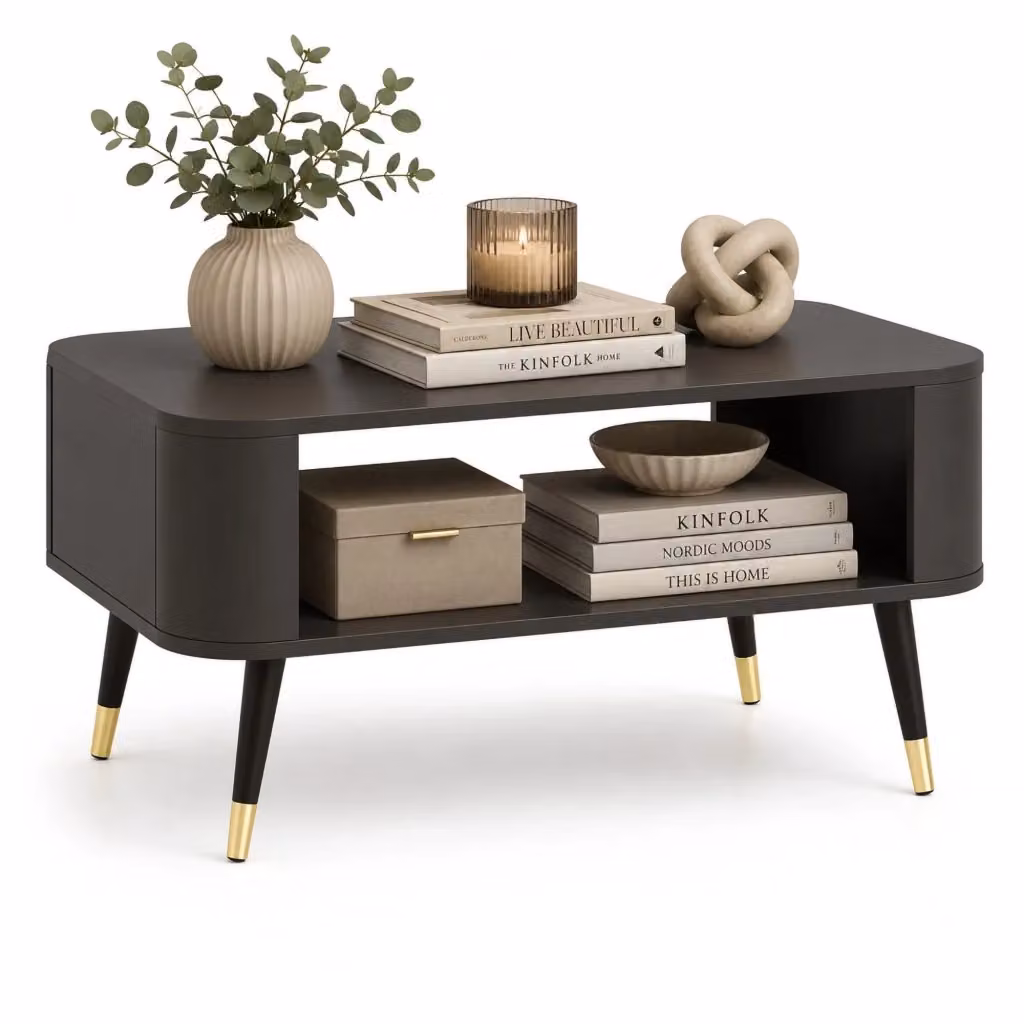 Tavolino da salotto moderno DMORA rettangolare con angoli arrotondati, nero e oro, L: 80 cm, P: 60 cm, H: 42 cm – 2