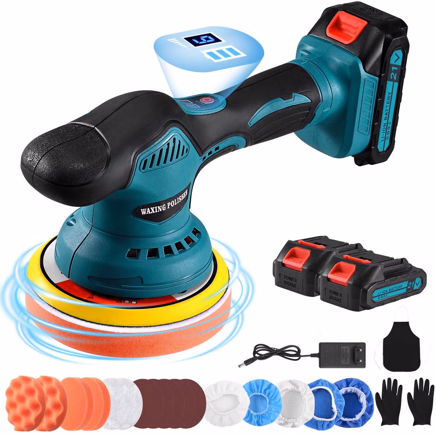 Lucidatrice a batteria, con 6 velocità regolabili, display digitale, colore blu