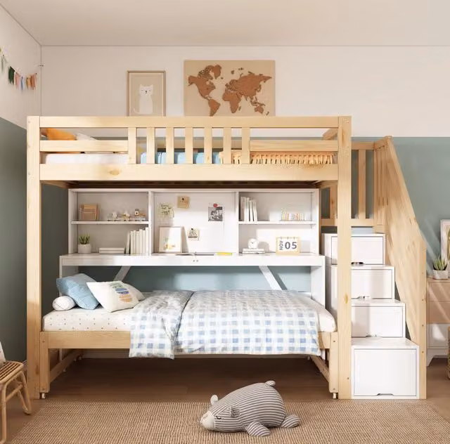Letto a castello con scrivania mobile e letto estraibile 90x200/90x190 cm in legno bianco e rovere