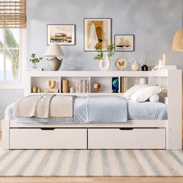 Daybed 140x200 cm con due cassetti, divano letto con prese di corrente e 2 porte USB, struttura in truciolato bianco con rete a doghe