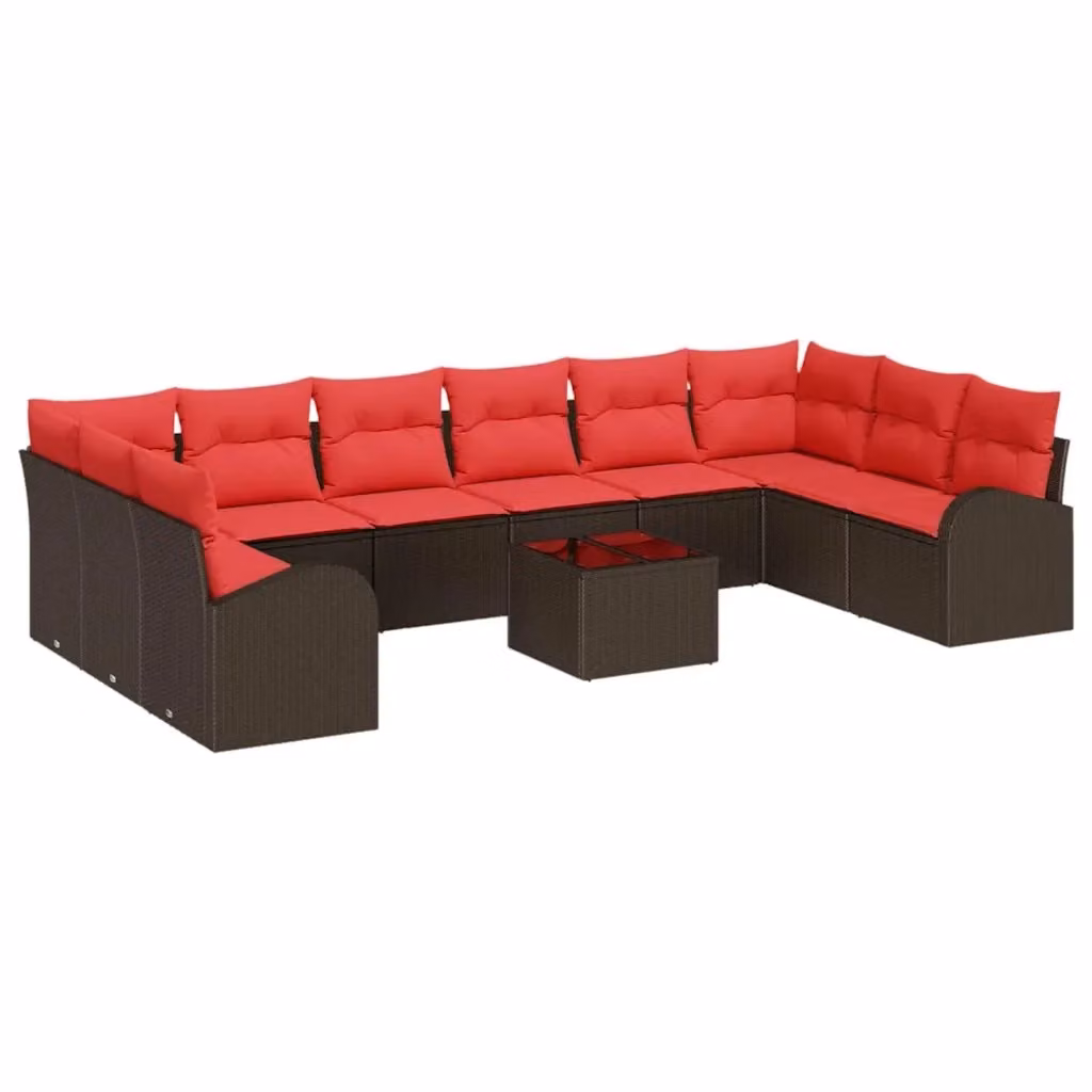 Set da giardino moderno vidaXL composto da 11 pezzi con divano a L, elementi angolari, tavolino e cuscini in tessuto marrone e rosso con struttura in metallo e rattan – 2