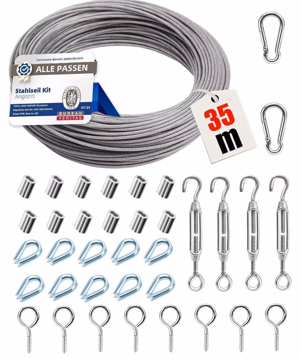Set di cavi in acciaio da 35 metri, in acciaio inossidabile da 3 mm, completo di tenditori per cavi e ganci a parete, ideale per supporti per piante rampicanti e recinzioni