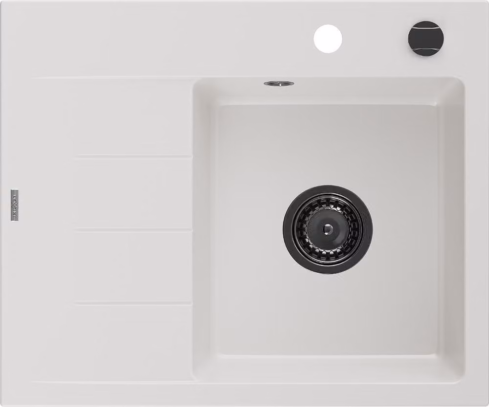 Mexen Ben lavello in granito a 1 vasca con sgocciolatoio, destro 600 x 500 mm, bianco, sifone nero - 6523605000-20-B