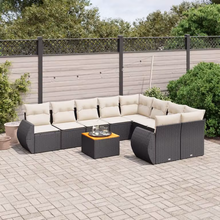 Set di divani da giardino vidaXL a forma di U composto da 10 pezzi con cuscini in polyrattan nero e tavolo da caffè in legno di acacia