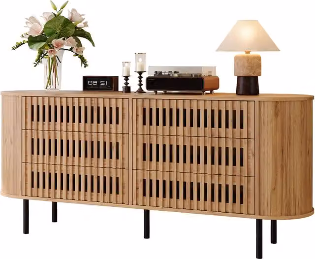 Credenza 160x40x70 cm in Legno Naturale Cassettiera 6 Cassetti con Design a Doghe